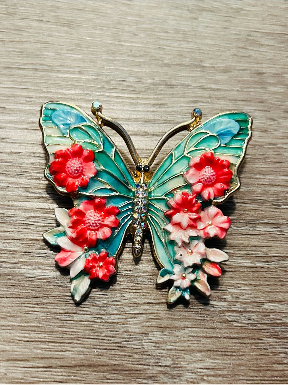 Butterfly Floral Brooch in Teal & Red
